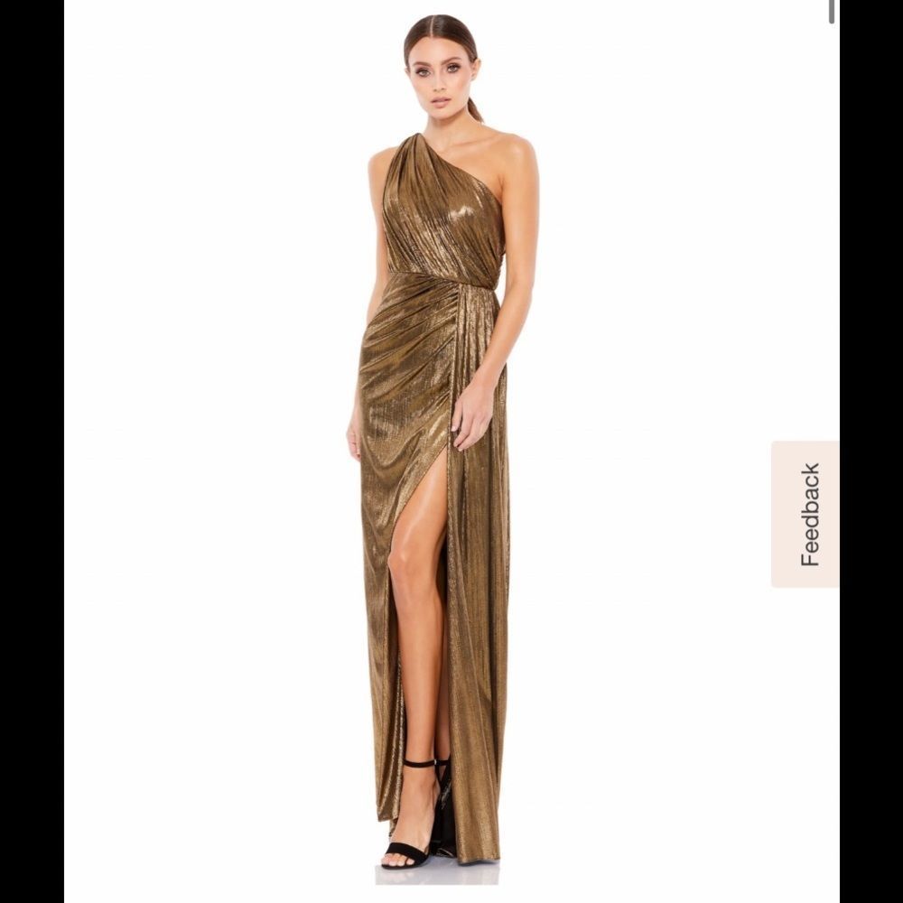 MAC DUGGAL METALLIC DRAPED ONE SHOULDER GRECIAN EVENING DRESS
